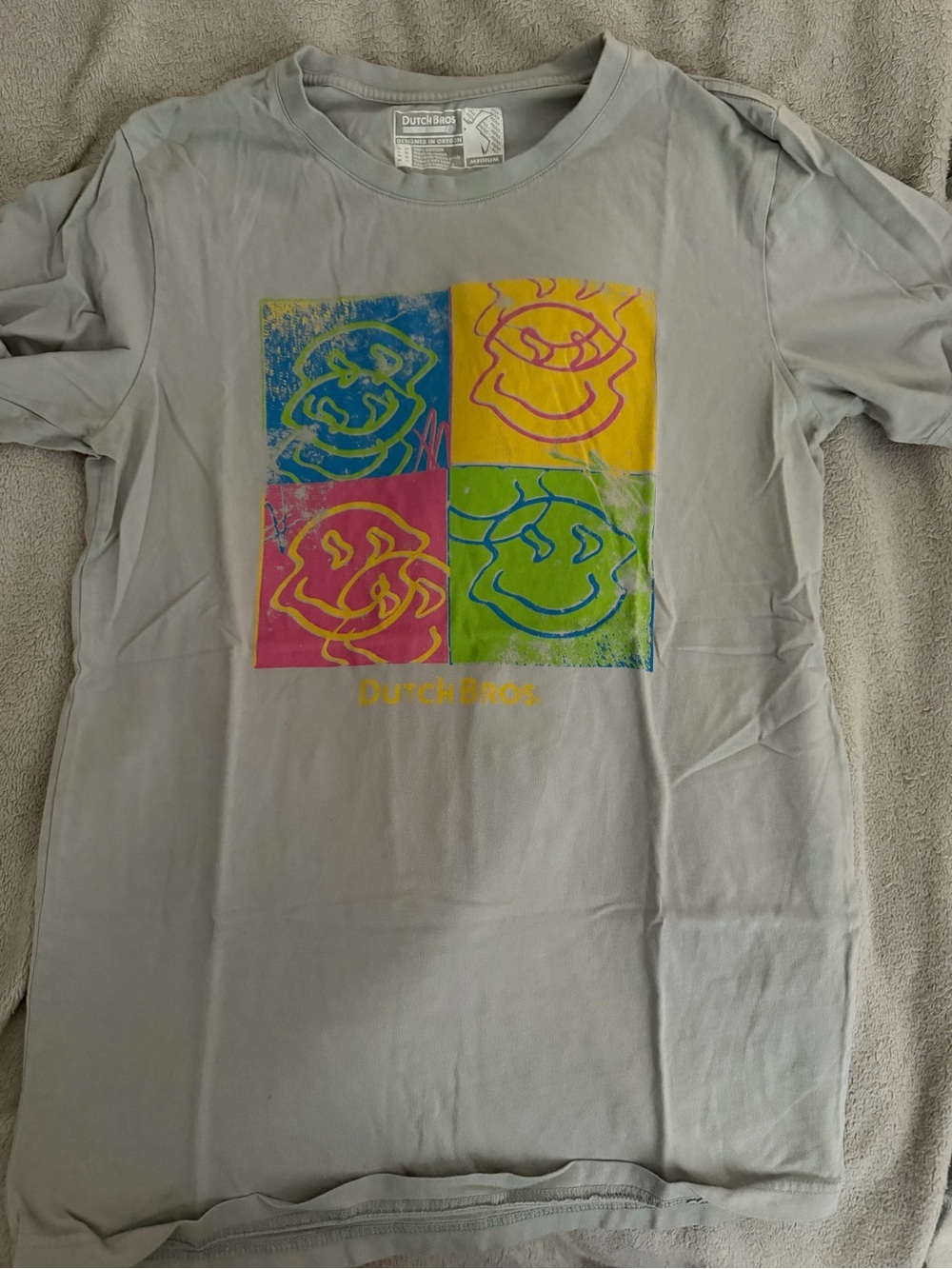 Dutch Bros Light Gray Tee with Multicolor Pop Art Squares